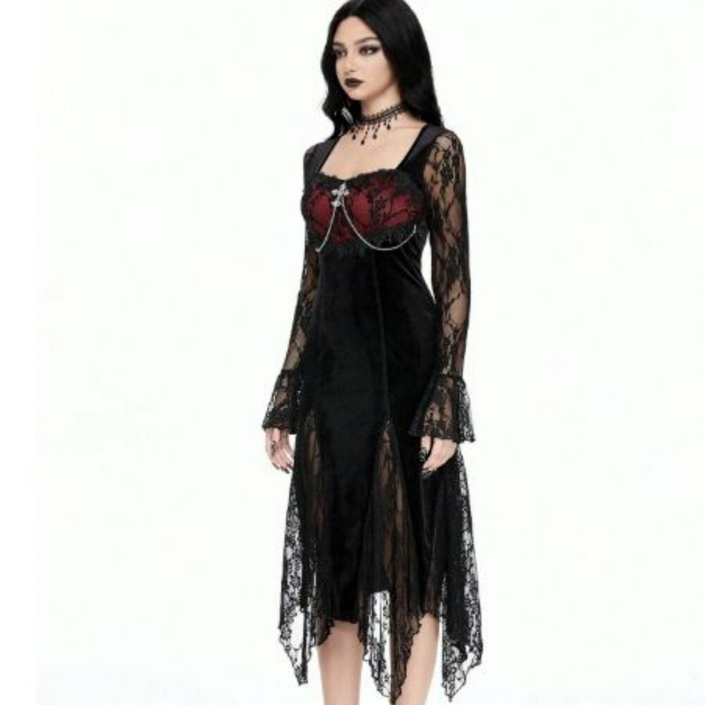 Gothic Black & Red Lace and Velvet Long Sleeve Midi Dress w/ Chain Detail Sz XL - Picture 2 of 16